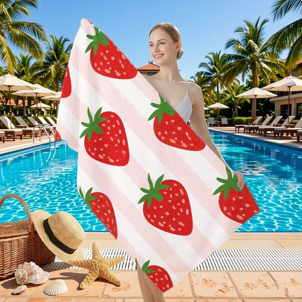 Erdbeer-Print Strandtuch Übergröße Weich Saugfähig Schnelltrocknend Sandfrei Leicht Sommer Pool Reise Badetuch