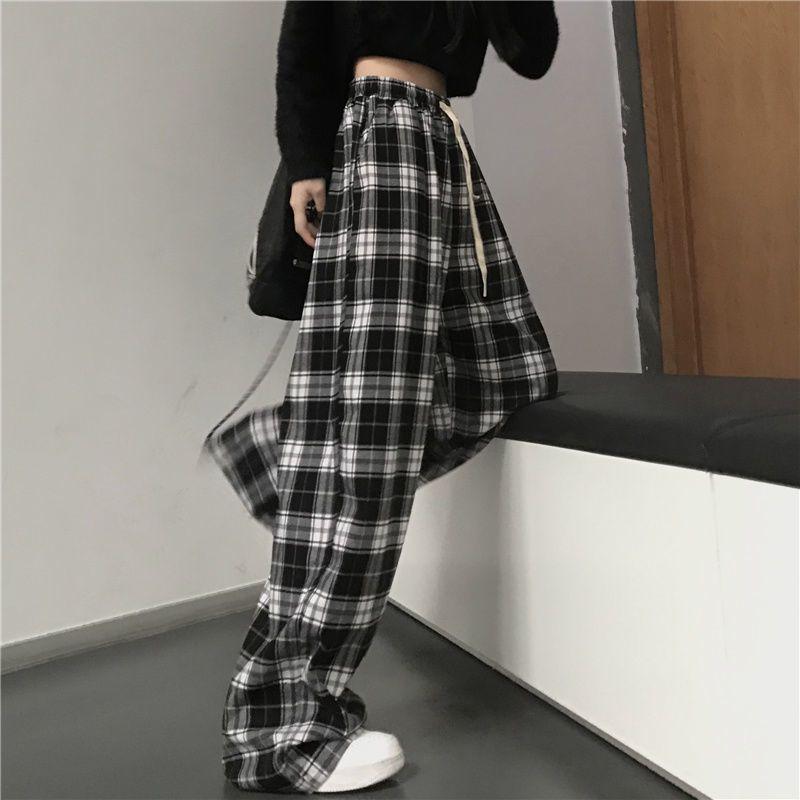 Harajuku Black and White Plaid Pants Women Summer Casual Wide Leg Trousers Korean Fashion Loose Straight Pants Y2k Bottom