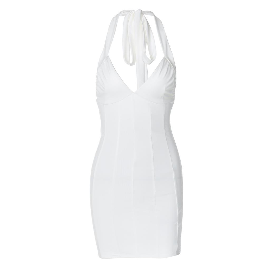 Autumn Women's Sexy Deep V Slim Halter Neck Bag Hip Short Dress
