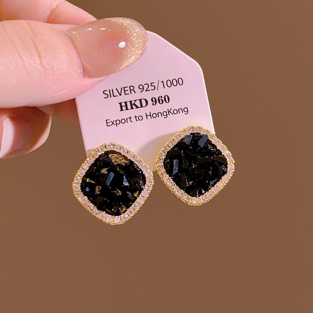 Geometric Black Zirconia Square Stud Earrings for Women - Elegant & Luxurious Ear Jewelry, New 2025 Style