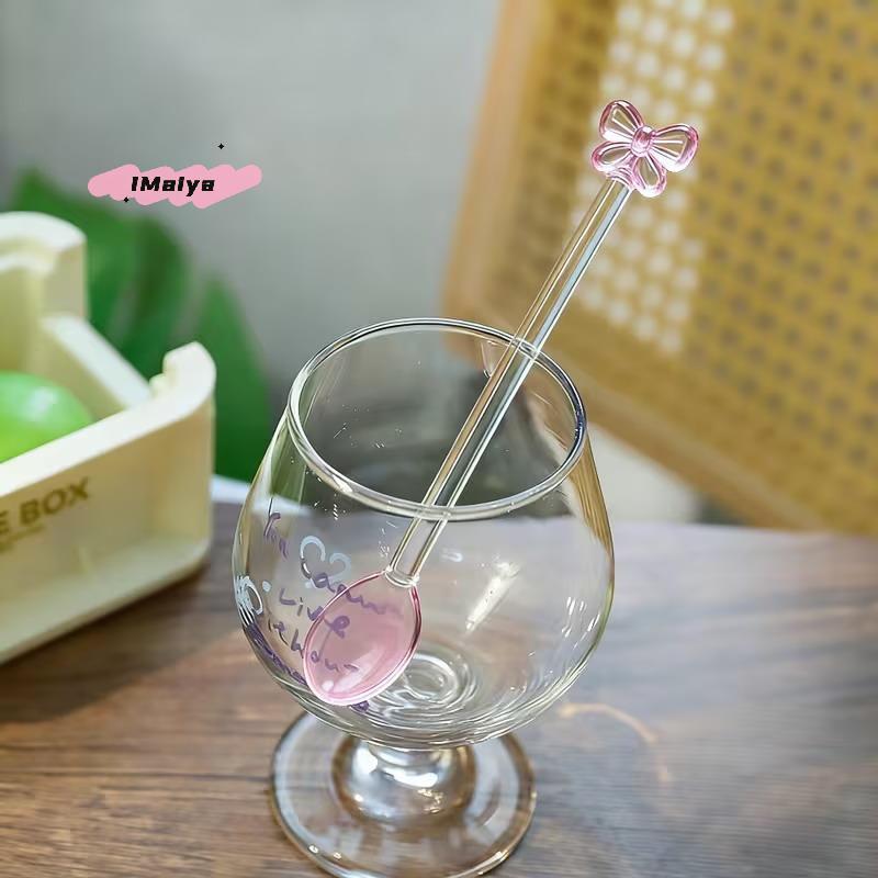 M-Pink Bow Glass Coffee Spoon Long-Handled Dessert/Milk Tea Stirring Spoon Heat-Resistant Teaspoon Household Kitchen Tool