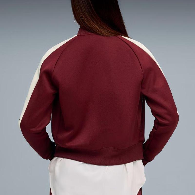 PUMA T7 Versatile Casual Color-Block Stand Collar Knit Full-Zip Short Jacket With Small Logo, Women's, Wine Red
