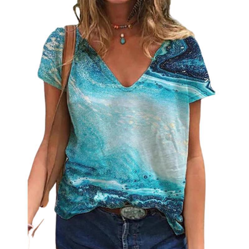 Summer Floral Printed T-shirt for Women Short Sleeved V-neck T-shirt