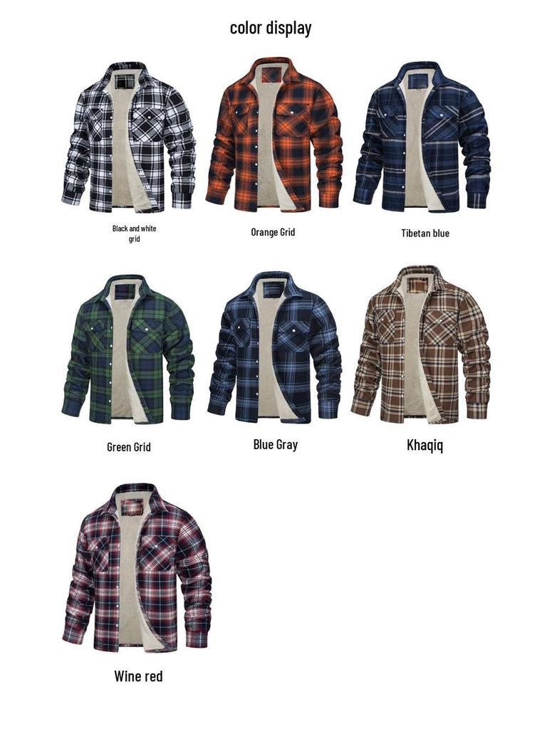 Men's 2023 Fleece-Lined Plaid Jacket - Long-Sleeve, Turn-Down Collar, Single-Breasted, Loose Fit