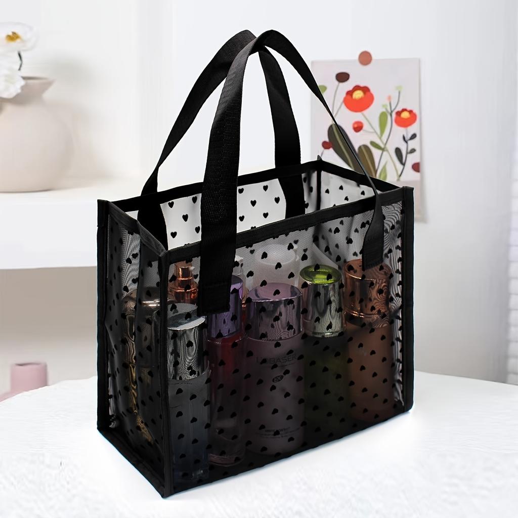 1pc Black Mesh Tote Bag with Heart Decor, Minimalist Cosmetic Storage Handbag for Women, Durable & Lightweight Design, Sturdy White Dots Pattern