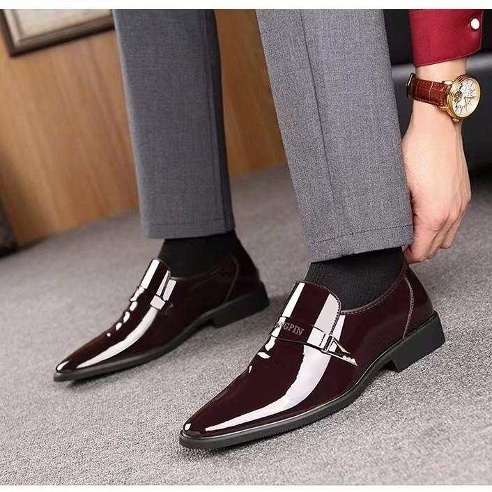 Business Dress Glossy Casual Men's Youth Versatile Black Waterproof Men's Leather Shoes Bright Leather Large Size Men's Shoes