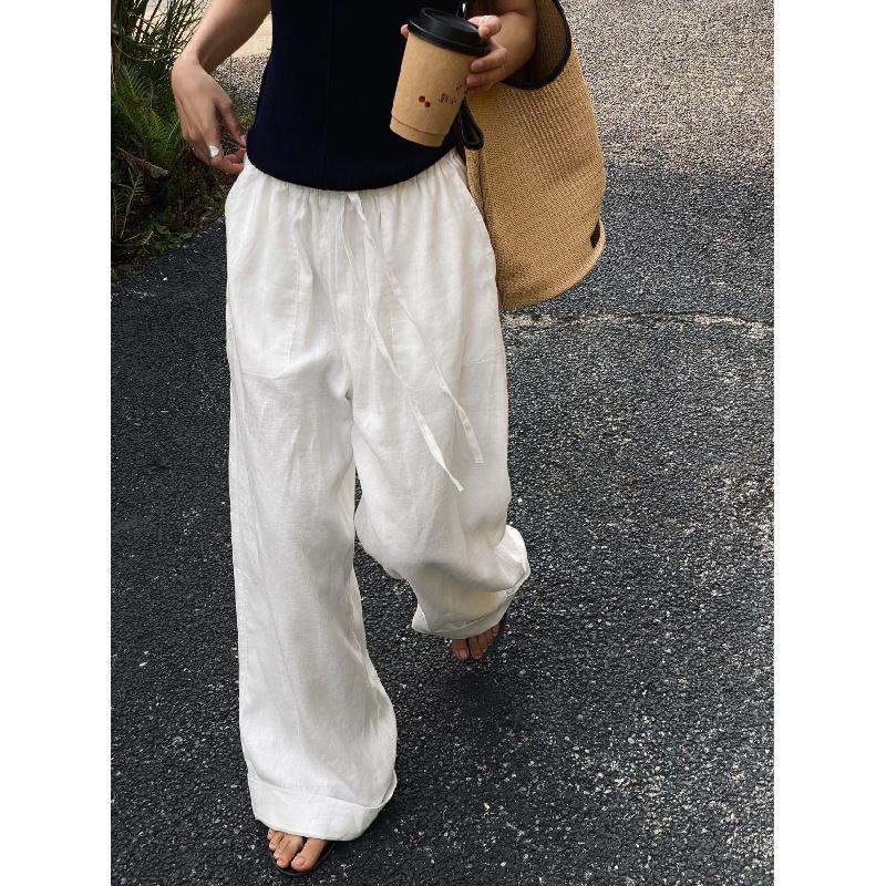 White cotton-linen wide-leg pants for women, 2026 spring-summer casual high-waisted drapey relaxed trousers