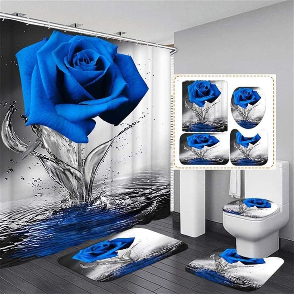 Elegant Blue Floral Shower Curtain Set Bathtub Curtains Non-Slip Carpet Bath Mat Toilet Cover Bathroom Set Decoration Without