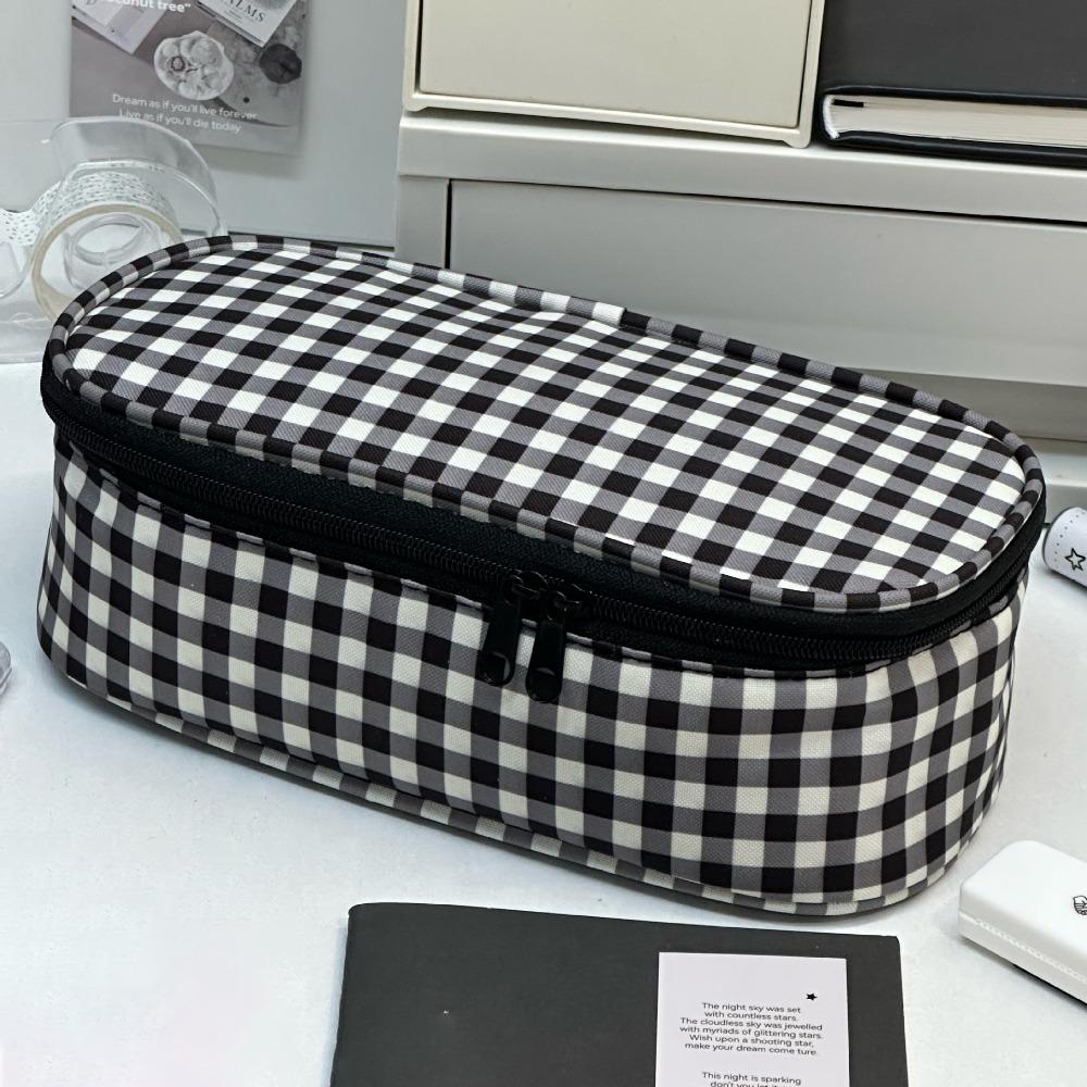 INS Grids Pattern Pencil Case Flip Design Large Capacity Stationery Pouch Large Opening Pen Bag Gift чёрный