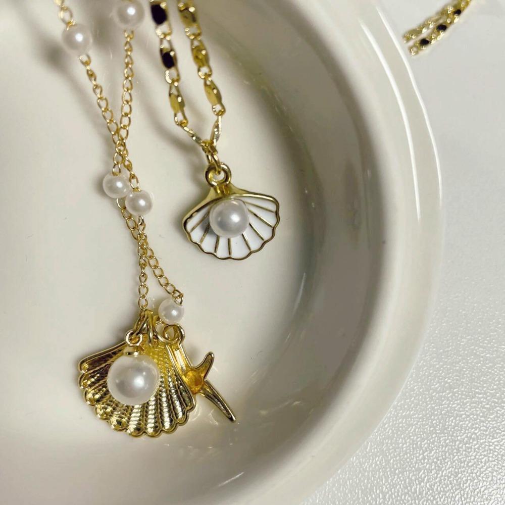 2pcs Set Fashion Boho Gold Color Marine Shell Starfish Pendant Pearl Chain Multi-layer Fold Wear Necklace for Women Jewelry Sets