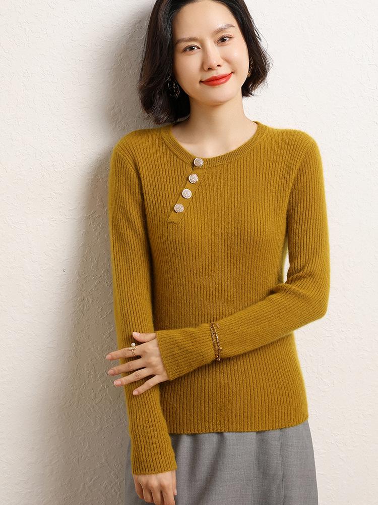 Women's Slim Fit Cashmere Sweater - Round Neck Ribbed with Diagonal Buttons, Elegant Knitwear for Autumn and Winter