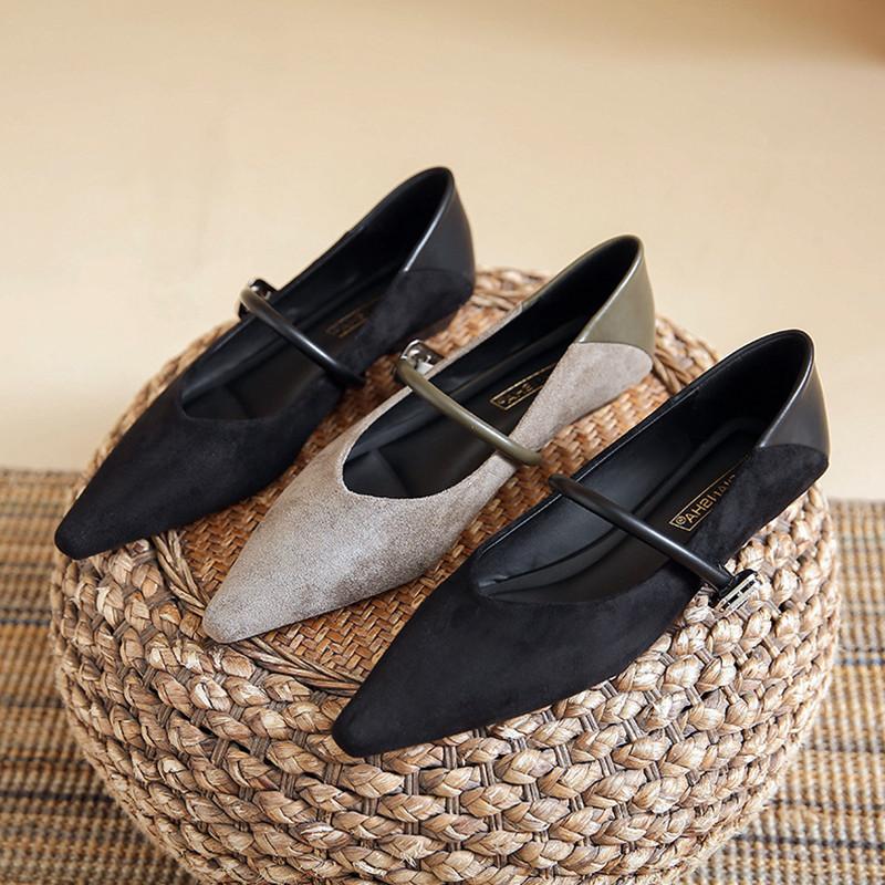 Fashion Elegant Wedge Heel Mary Jane Shoes Women Sexy Pointed Toe Metal Buckle Strap Design Flats Comfortable Faux Suede Women Footwear