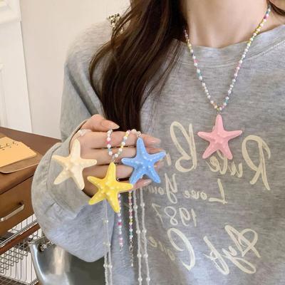 Dopamine‑Style Long Beaded Starfish Necklace for Women, Exaggerated Yellow Clavicle Chain for Summer Seaside‑Island Vacation Accessories