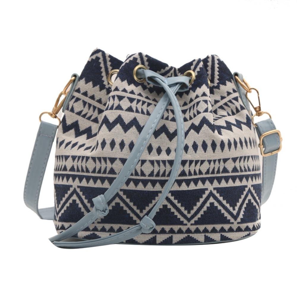 Modische Leinenstoff Eimer Tasche Blumenmuster Verstellbarer Kordelzug Schultertasche Ethnischer Stil Umhängetasche Damenmode