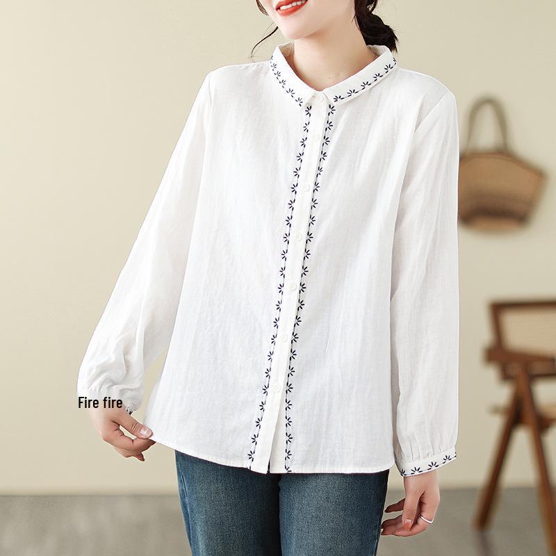 Women s Artistic Embroidered Cotton Retro Loose Casual Shirt - Spring 2025 Arrival XL