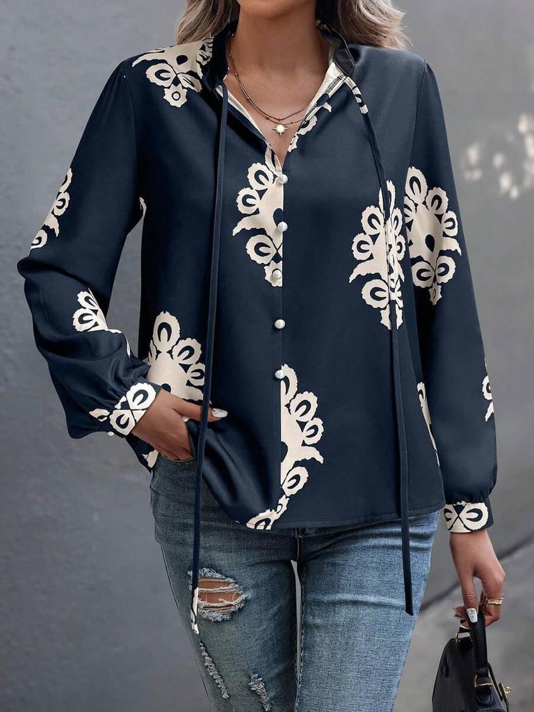 Euro-American Cross-border Stylish Printed Stand-up Collar Long Sleeve Lace-up Buttoned Women's Shirt for Spring and Summer