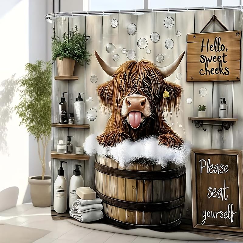 Funny Highland Cow Shower Curtain Set Farmhouse Bathroom Decor Washable Fabric Curtain With Rugs