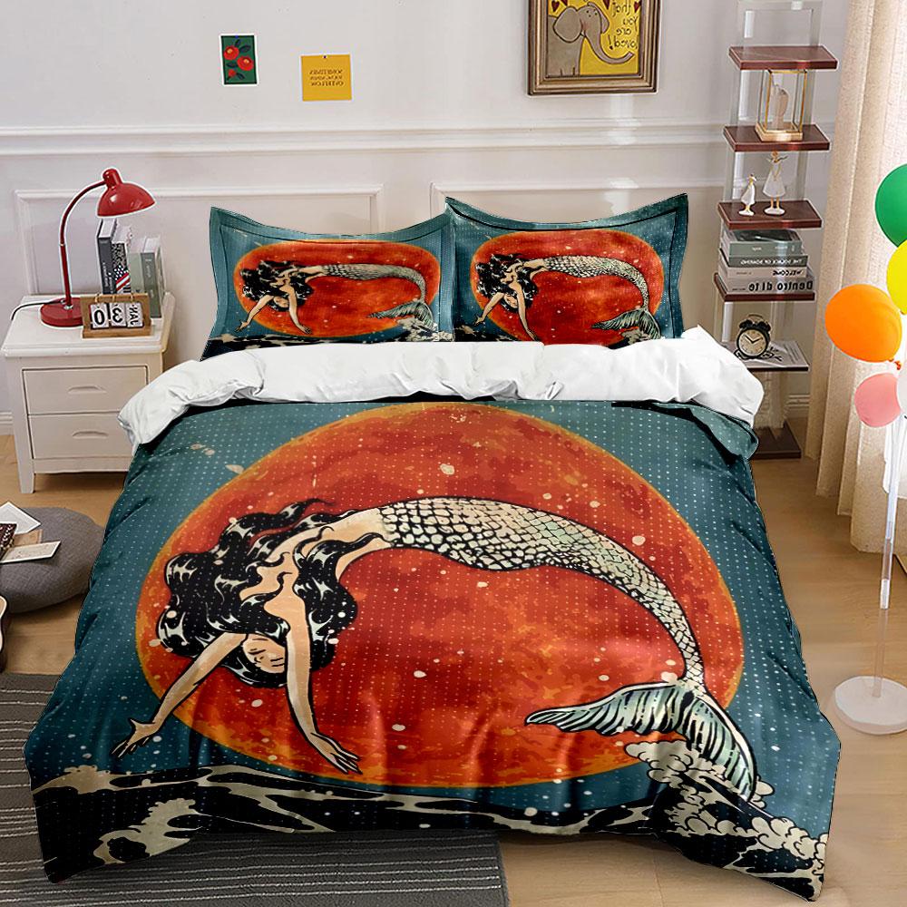Mermaid and Red Moon Waves Bedding Duvet Cover Set Duvet Cover Pillowcases (1*Duvet Cover 2*Pillowcases, without duvet insert)