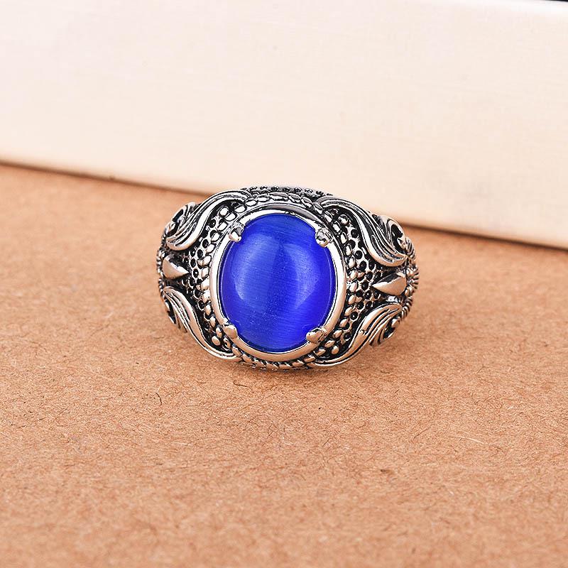 Zhenrong Retro Moonstone and Cat's Eye Stone Silver Ring