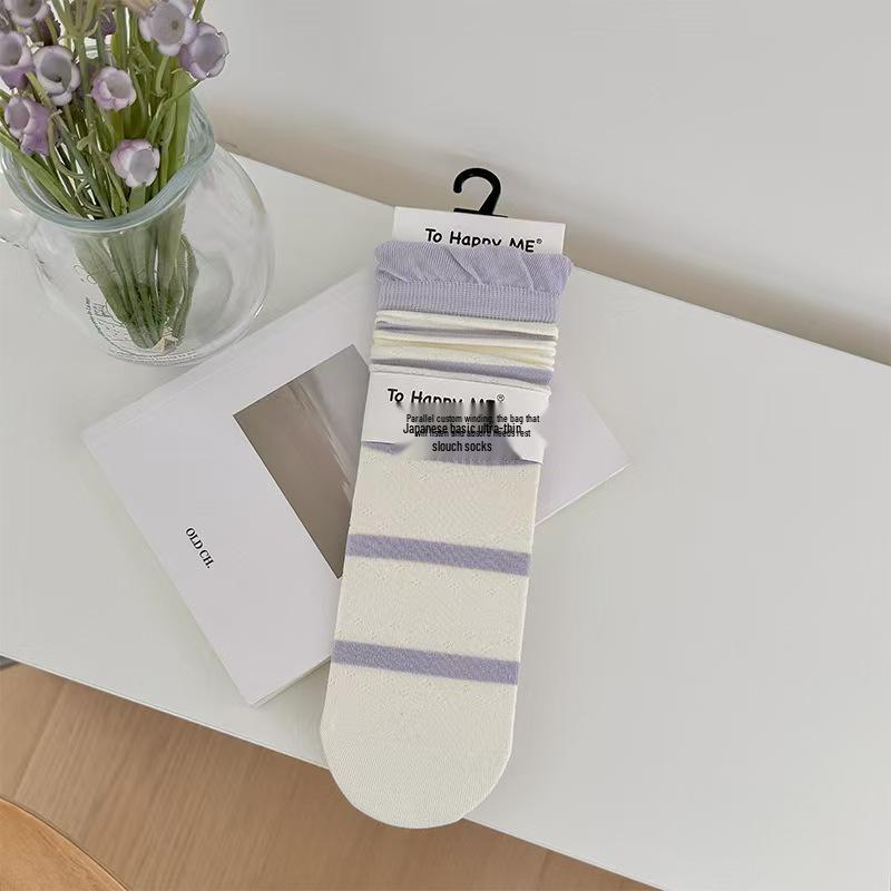 Korean Style Milk Purple Lace Trim Striped Cotton Mid-Calf Socks - Breathable, Seamless, Trendy for Spring and Summer One Size