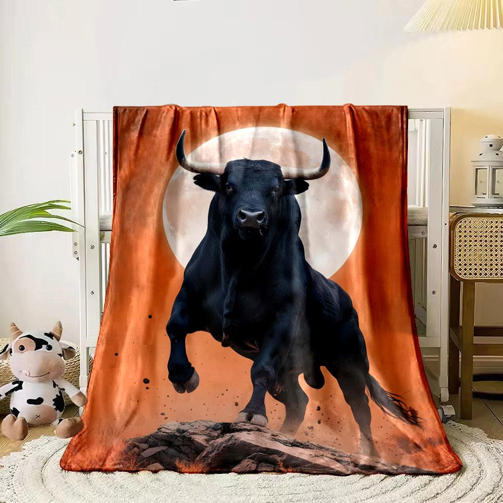 A Powerful Black Bull In Motion with a Full Moon and Orange Background. for All Seasons Blanket Lunch Break Throw Gift