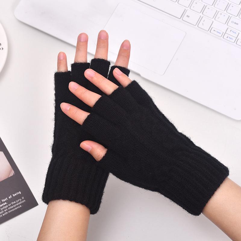 Men's Half-finger Thickened Thermal Gloves Knitted Leaking Fingers Office Student Brushed Imitation Cashmere Broken Finger Solid Color Gloves