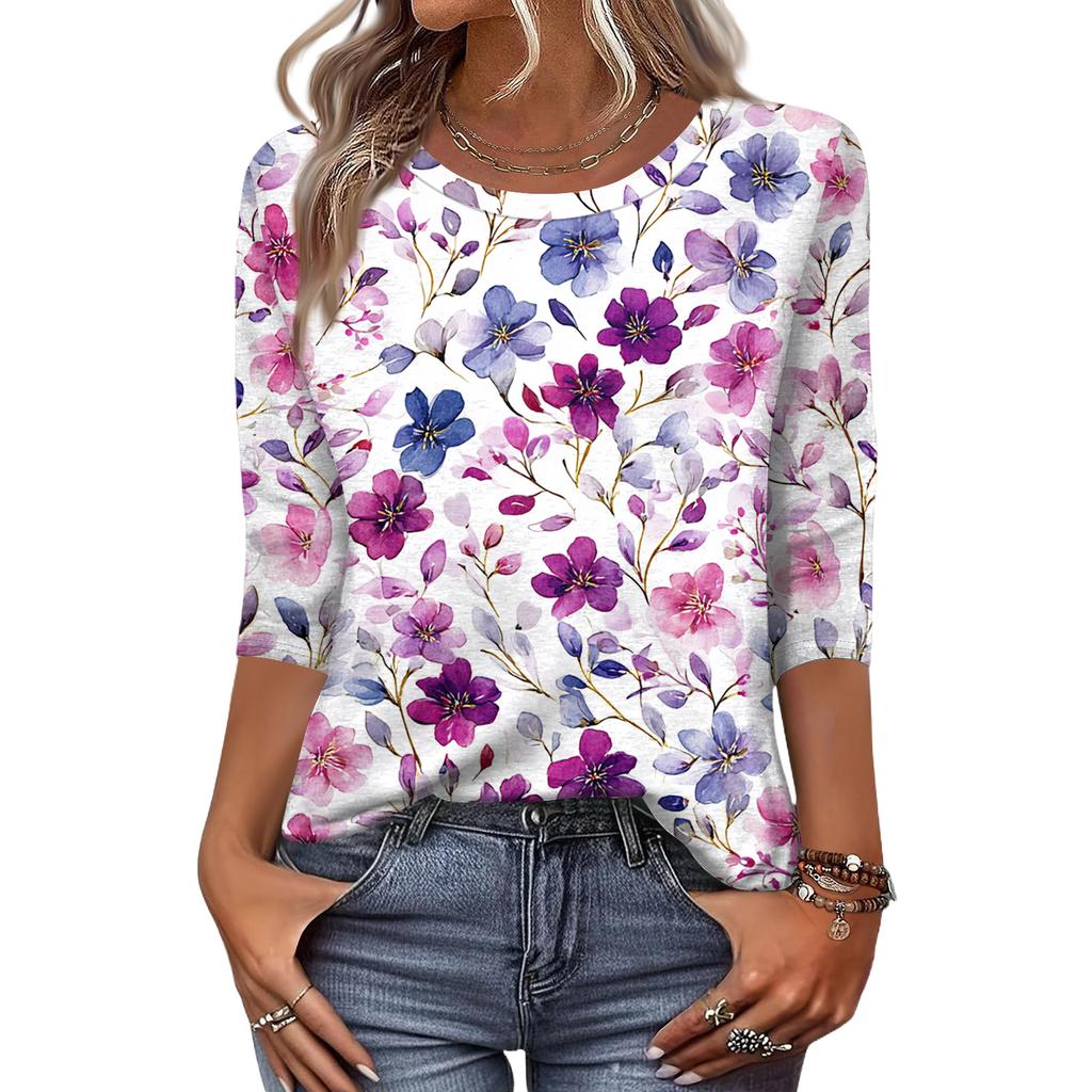 Women's Fashion Casual Round Neck 3/4 Sleeve Loose  Printed T-Shirt Ladies Top
