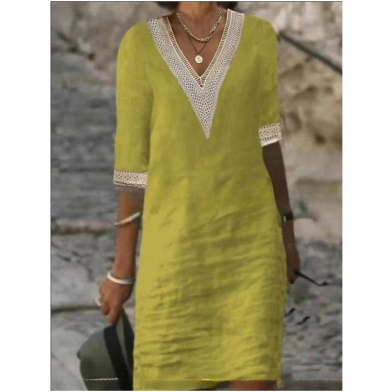 VEZFAA Kadın Modası Yaz İlkbahar 1/2 Kol V Yaka Bol Belli Günlük Elbiseler