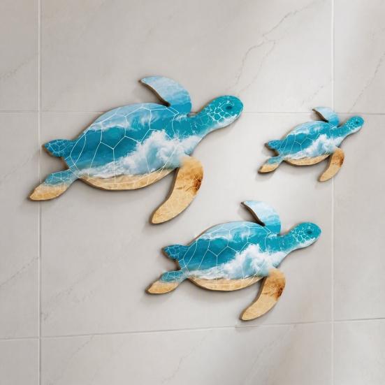 Tropical Wall Decorations 3Pcs Wooden Turtle Art, Ocean Theme Hanging Ornaments for Bathroom Room Decor Living Bedroom, Coastal Beach Style