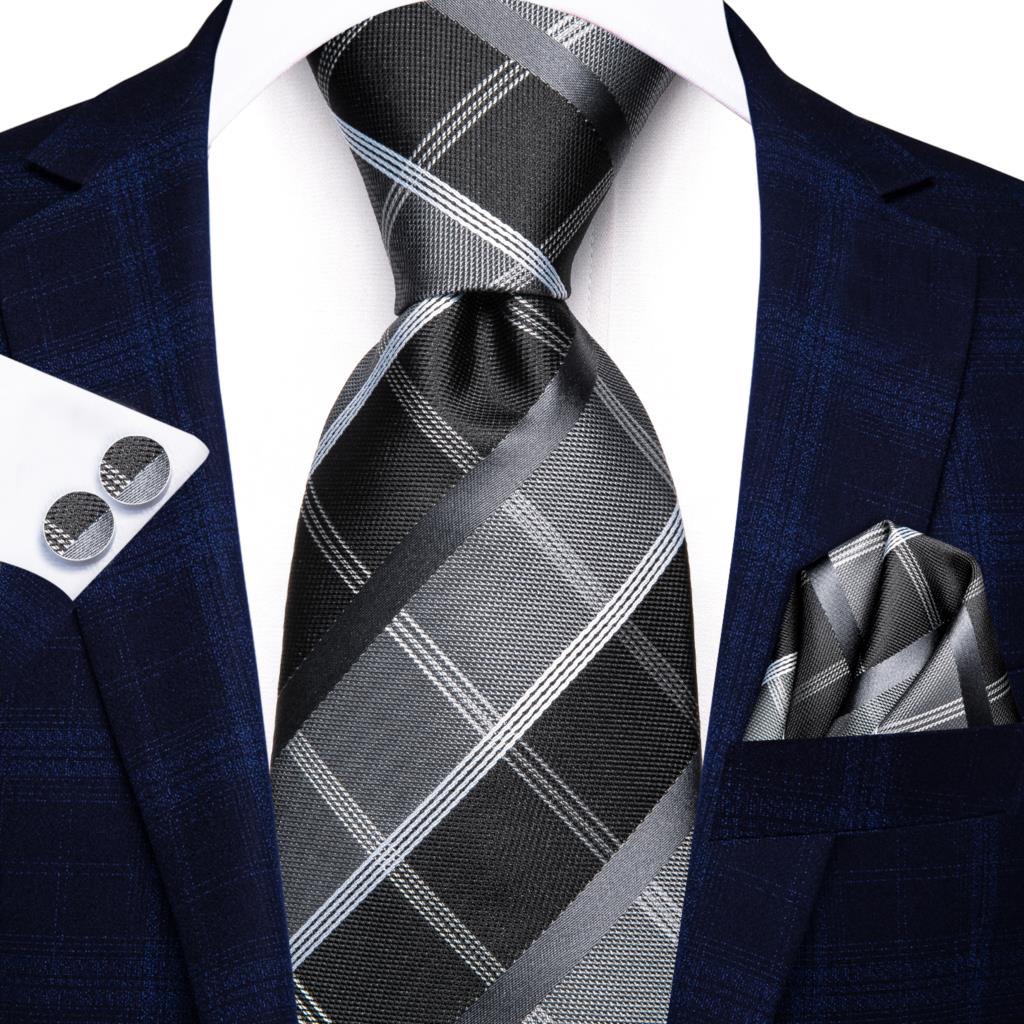 Hi-Tie Navy Blue Striped Silk Wedding Tie For Men Fashion Design Gift Men Necktie Hanky Cufflink Set Business Party Dropshiping