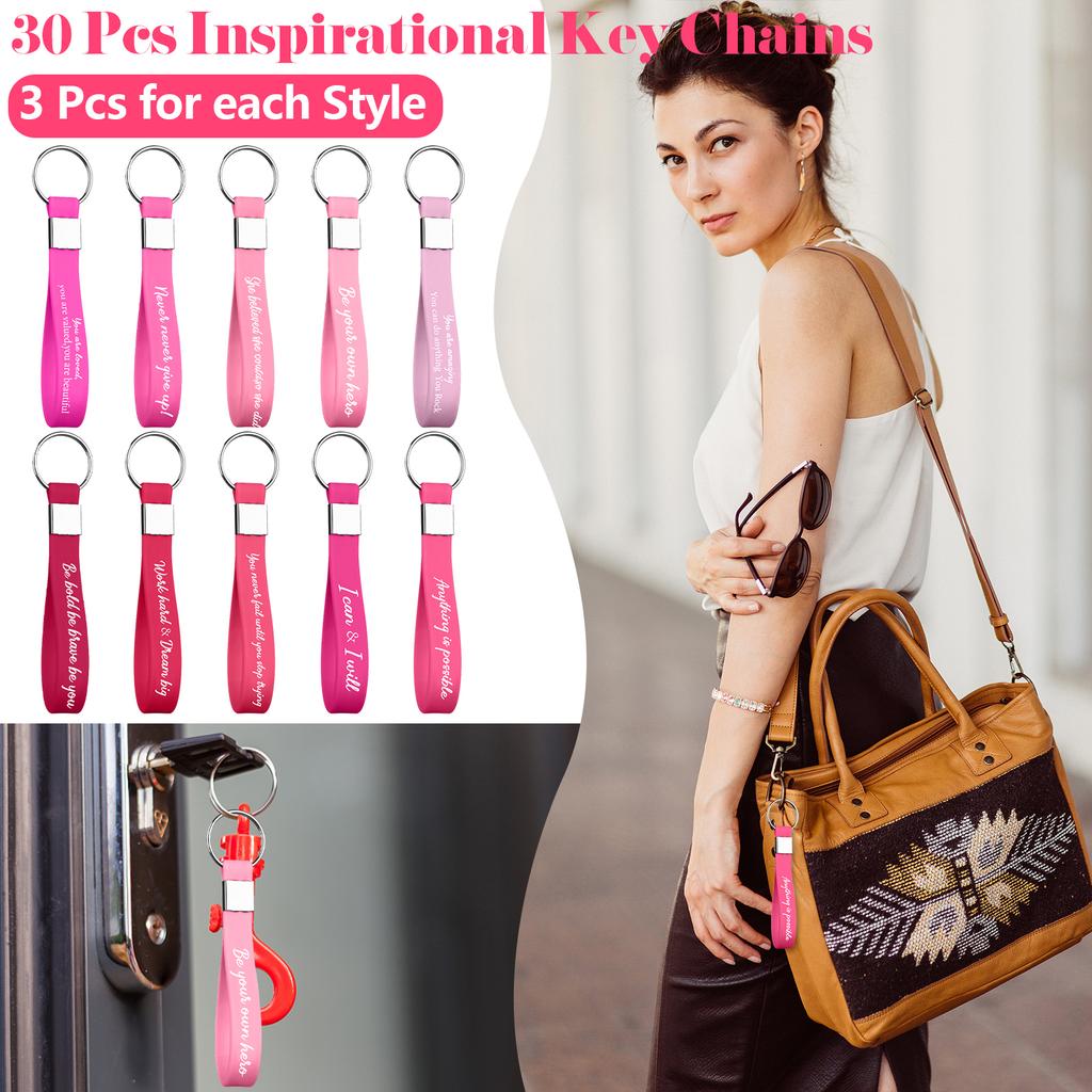 30 Pcs Employee Appreciation Gifts Bulk Inspirational Keychains Gift For Women Motivational Quote Key Chains Silicone Rings Than