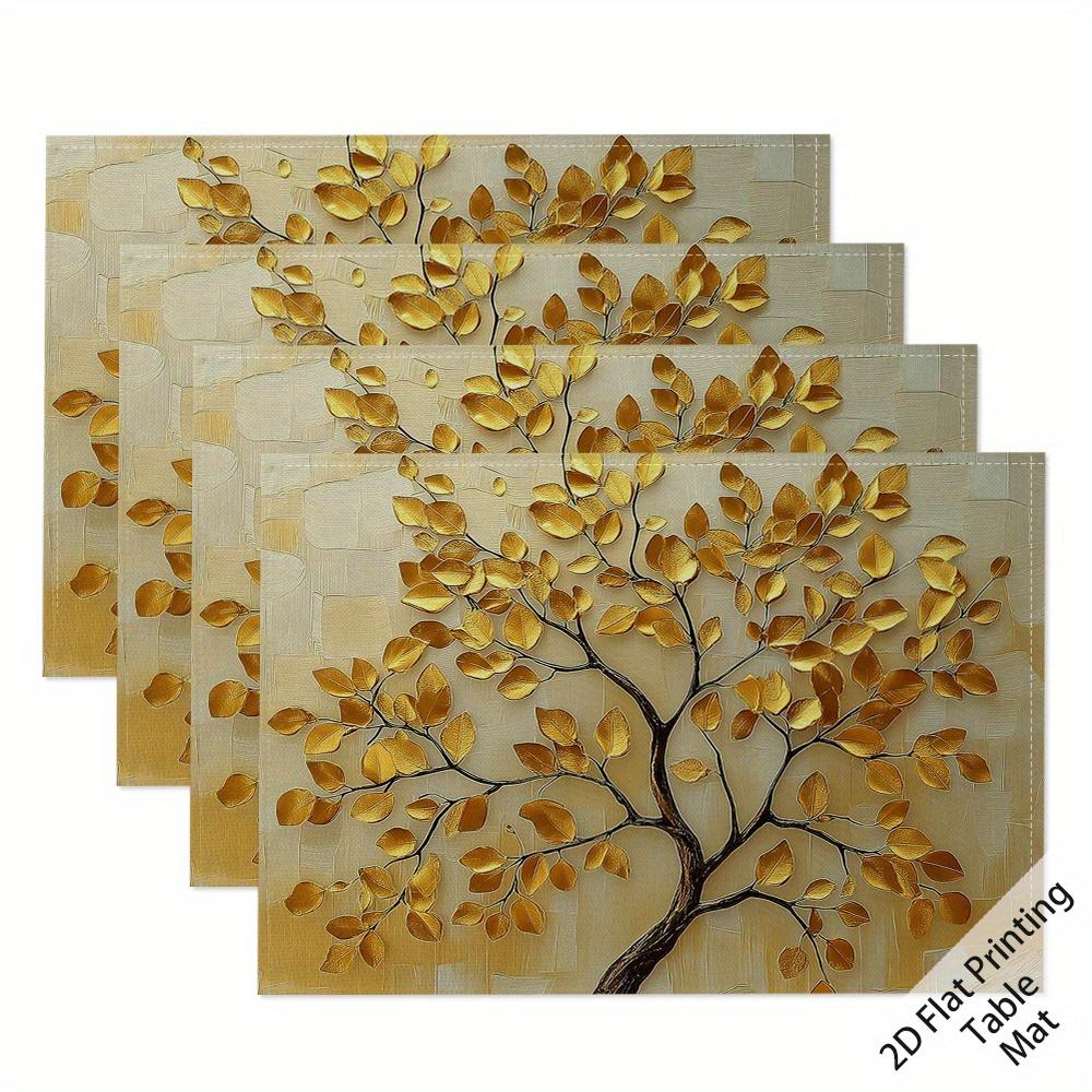 

Golden Leaves Print Placemat Tablecloth Decor For Kitchen Non-Slip & Washable New Year To Attract Wealth. Dining Room 4pcs