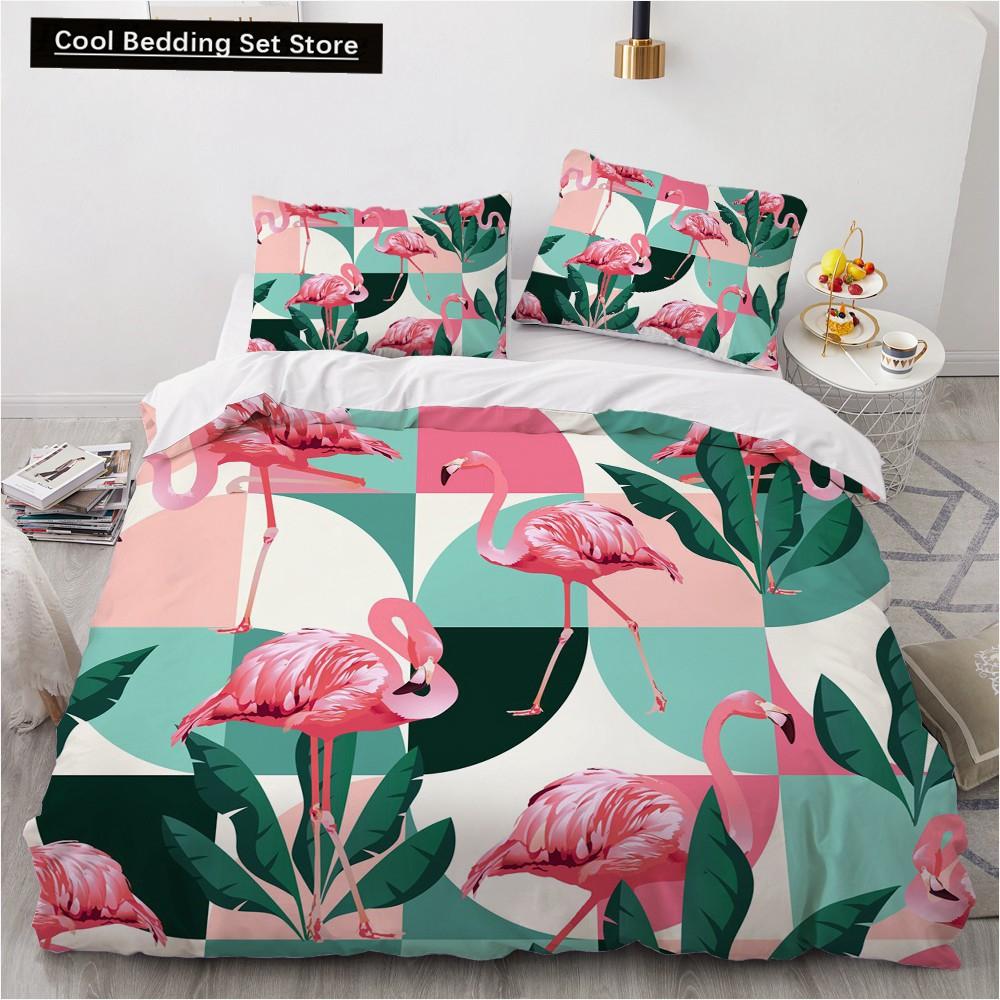 Flamingo Duvet Cover King Queen 3D Pink Animal Bedding Set For Kids Teens Adults Watercolor Style Quilt Cover With Pillowcase