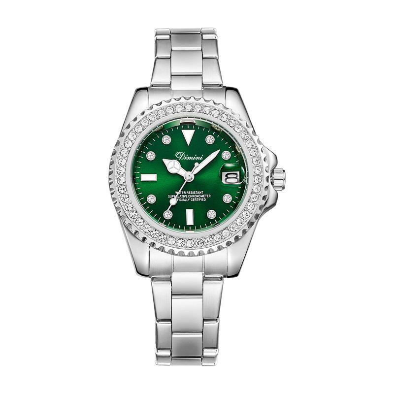 Women's New Green Leather Watch Strap Diamond Ladies Watch Trendy Small Green Watch Steel Strap