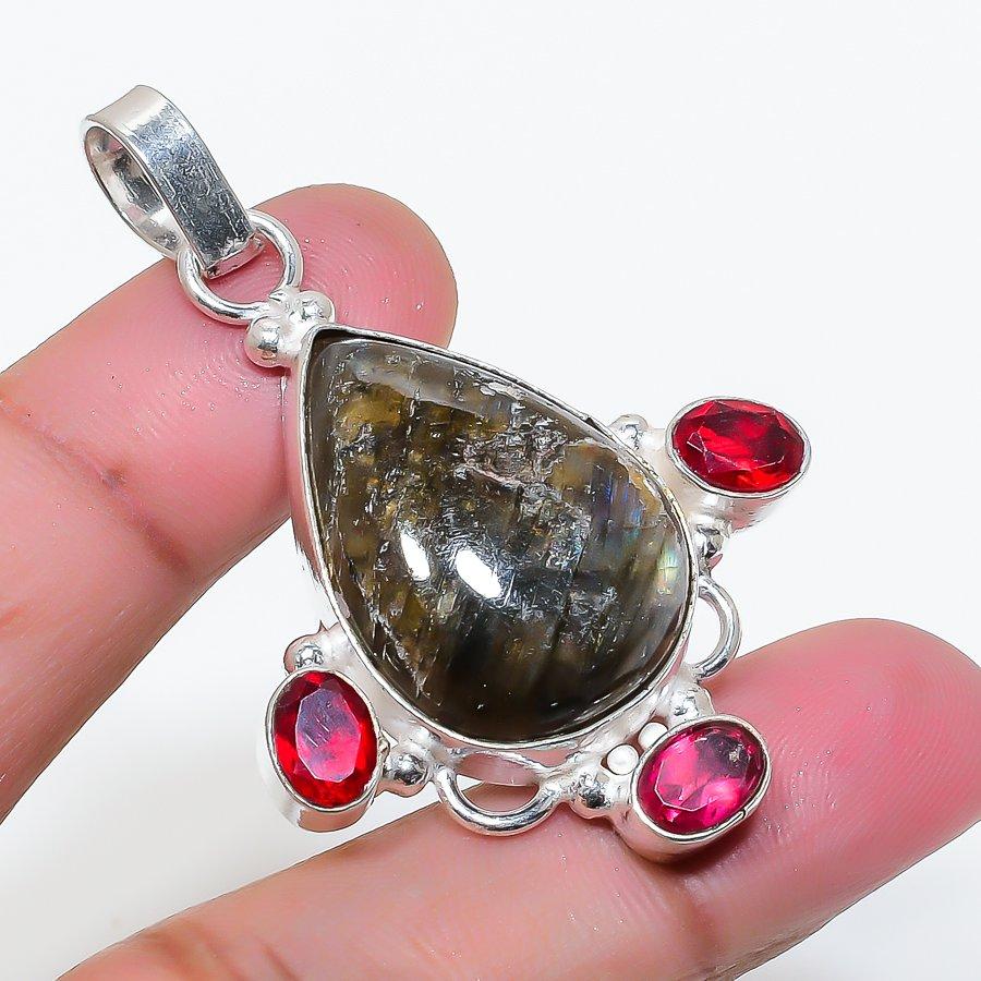 Natural Labradorite, Garnet 925 Sterling Silver Jewelry Pendant 2.05" AP-16157