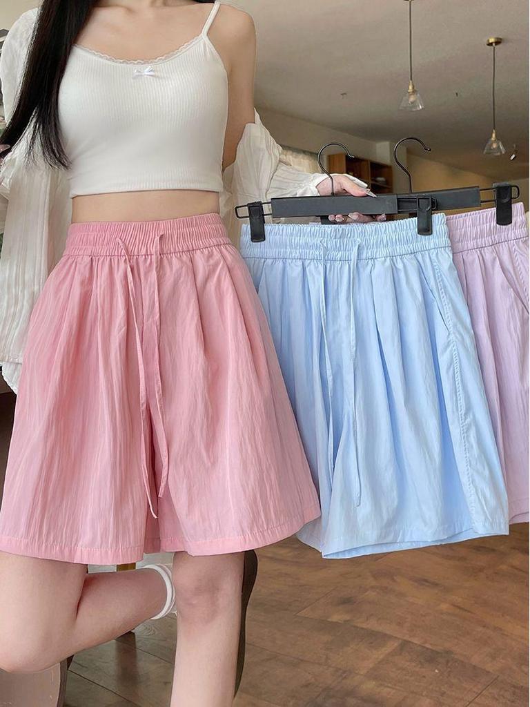 Apricot Ice Silk Women's High-Waist Casual Mid-Length Wide Leg Sports Shorts - Summer 2025
