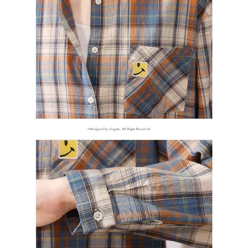 Cămașă din bumbac cu imprimeu în carouri de primăvară, toamnă, cu decolteu polo, pentru femei, cu mânecă lungă, ocazională, bluză de modă, cardigan pentru femei