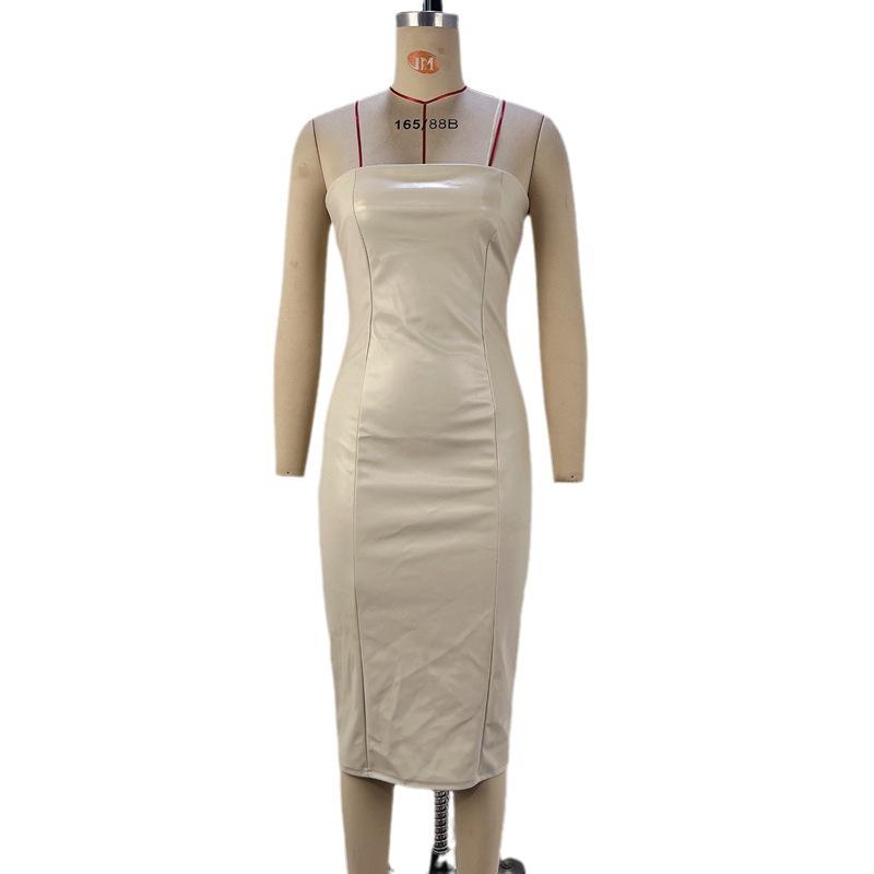 Women Autumn and Wintertime Solid Color PU Leather Sexy Strapless Waistband Hip Dress