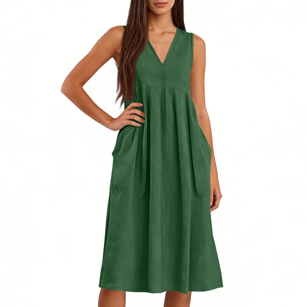 Dámský ležérní svetr s V-výstřihem, bez rukávů, z bavlny a lnu, volné šaty