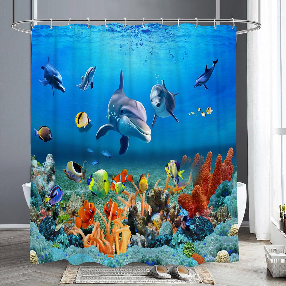 Ocean Animals Shower Curtains Dolphin Sea Turtle Fish Coral Underwater Cave Scenery Fabric Children Bath Curtain Bathroom Decor