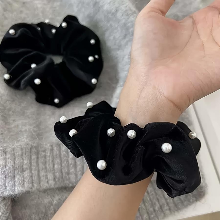 2pcs Black Velvet Hair Rings with Imitation Pearls | Vintage Style, Solid Color, Perfect for Autumn and Winter