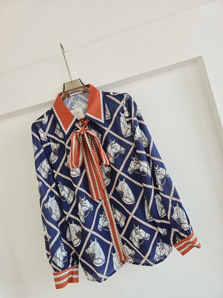 Xue Zhiqian Women's 2026 Silk Tie Shirt with Horse Head Print, Long Sleeve Lapel