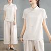 9017 Vintage Chinese Linen Suit: Summer Loose Fit Shirt & Wide-Leg Pants Set
