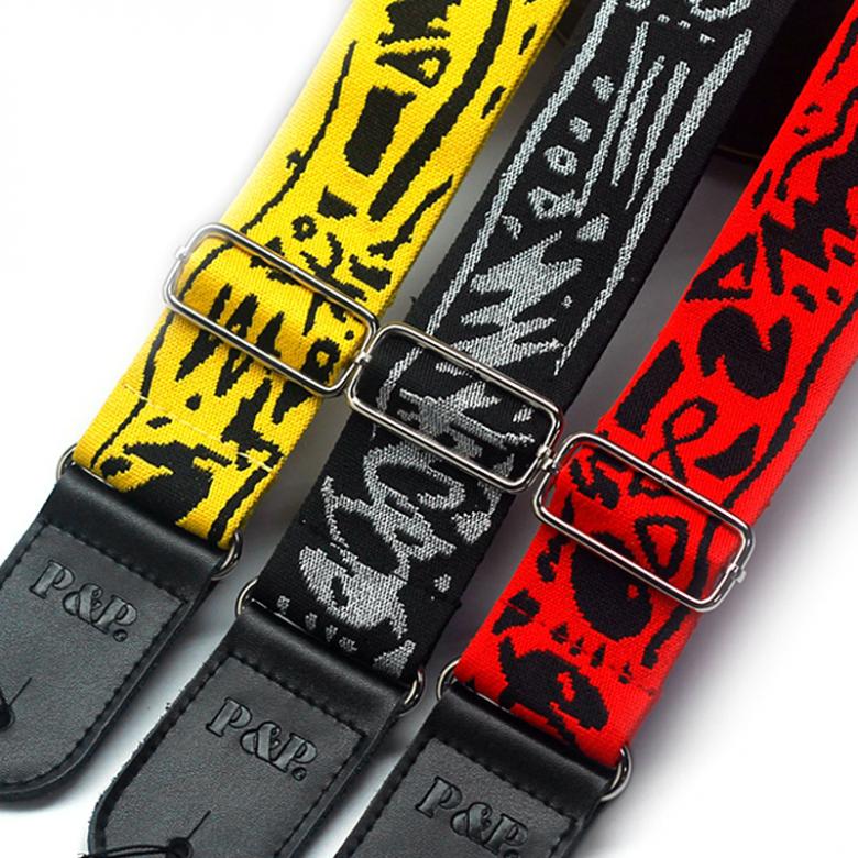 Cotton Embroidery Guitar Strap with Genuine Leather Ends for Acoustic Electric Guitar Bass