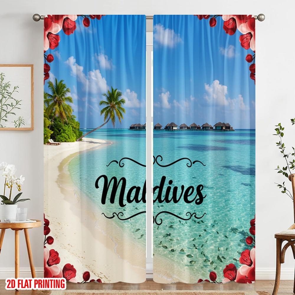 2pcs 2D Flat Printing Scene Curtains Maldives Tropical Island Paradise 100% Polyester Fabric Without Electricity Birthday Party