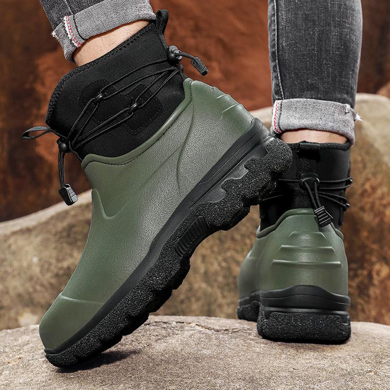 Fashion Men's Rain Shoes Leather Top Thick Sole High Top Anti Slip Water Shoes Outdoor Mountaineering Plush Warm Boots Work Safety Boots