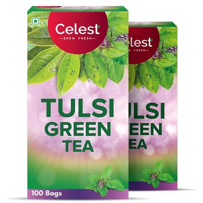 Celest Tulsi Green Tea 100 Bags Pack of 2 | Natural Tulsi Green Tea Bags for Wellness and Detox