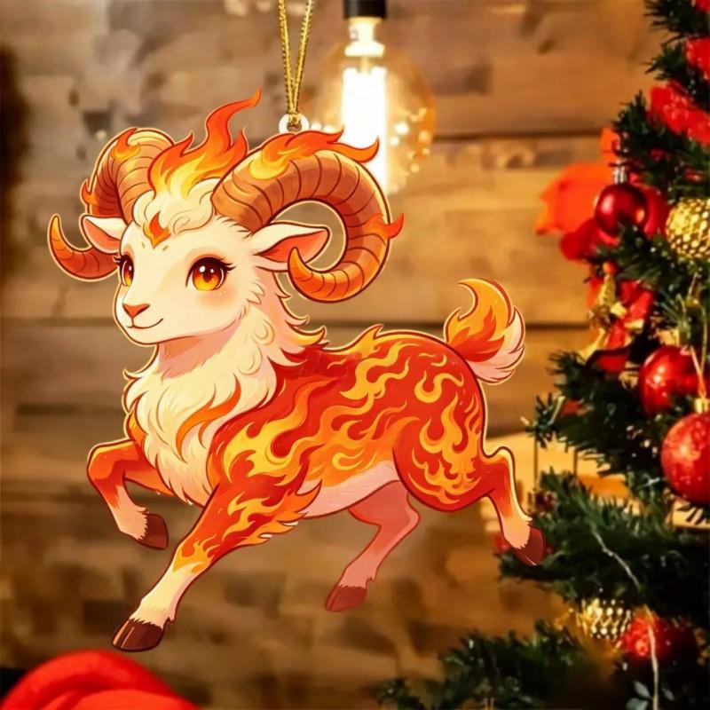 2D Flat Acrylic Hanging Ornament Red Gold Winged Goat Acrylic Pendant Christmas Tree Decoration Lunar New Year Holiday Gift