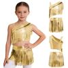 Children’s Sparkly Metallic Fringe Asymmetric Top and Stretchy Waist Shorts Set for Jazz Dance Stage Show Theme Party