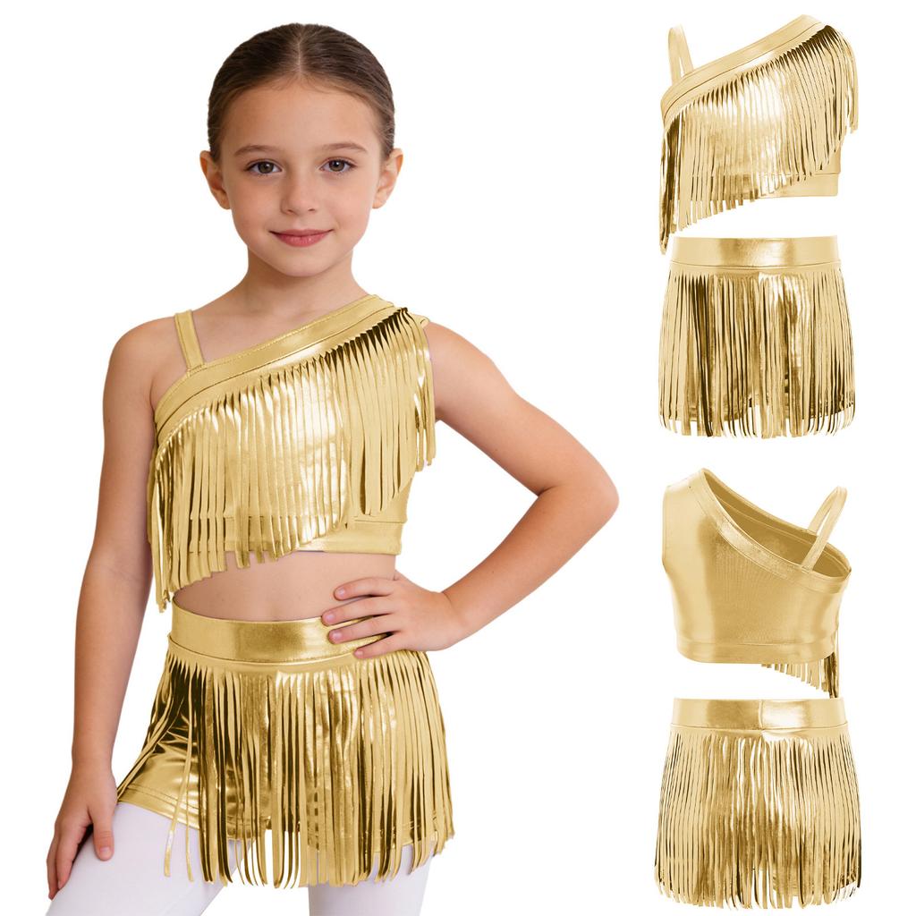 Children’s Sparkly Metallic Fringe Asymmetric Top and Stretchy Waist Shorts Set for Jazz Dance Stage Show Theme Party